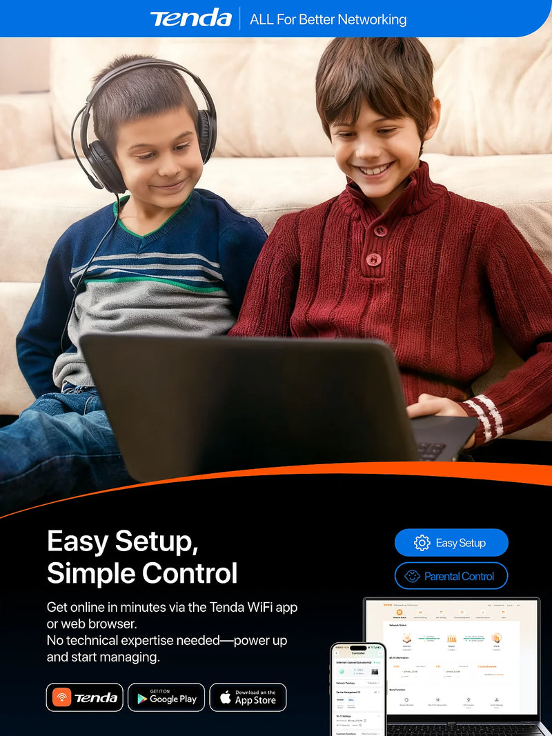 រ៉ោតទ័រ Tenda BE12 Pro WiFi 7 BE7200 ល្បឿន 7141Mbps Dual Band Dual 2.5G Ports Quad-Core CPU អង់តែន 5 Mesh NFC EasyMesh Gaming Router