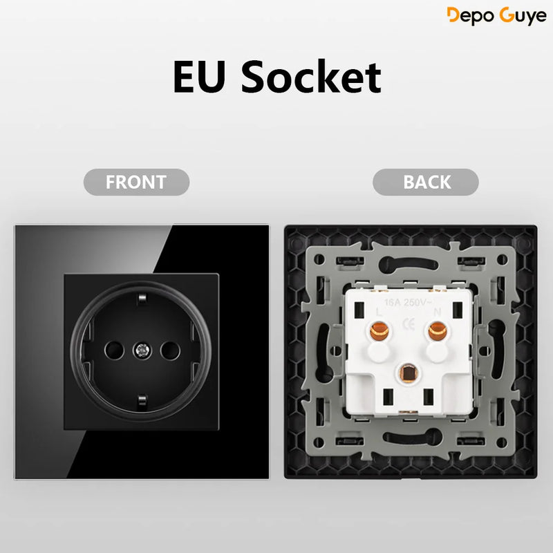 European Standard 4 Gang Wall Power Socket 16A Glass Panel with Dual USB Type-C Ports White/Black Industrial Home Hotel