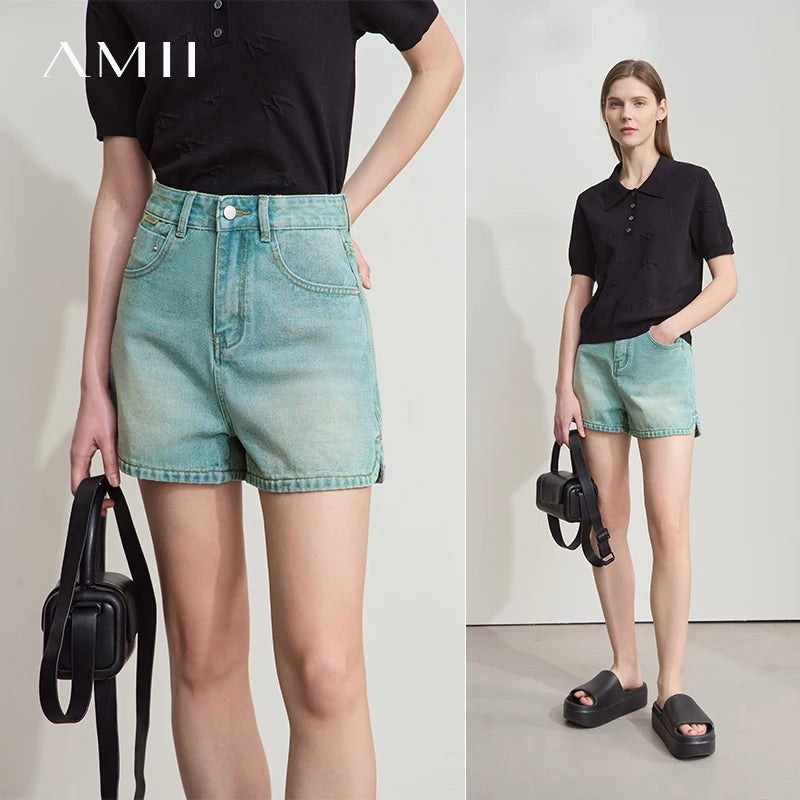 AMII Women 2026 Casual Summer New Shorts Old Retro Washed Cotton High Waist Short Denim Pants Female Fashion Straight 12542221