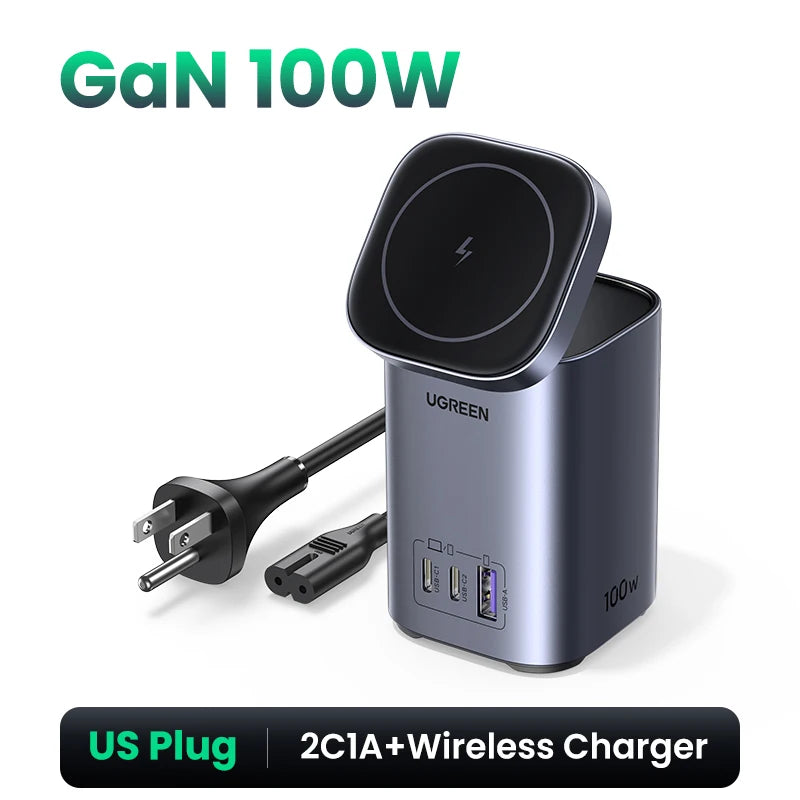 UGREEN GaN 100W Desktop Charger MFi Magnetic Wireless Charger for iPhone 17 16 15 Fast Charger Power Station for Laptop Notebook