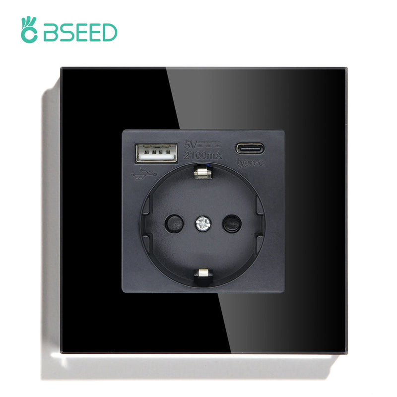 BSEED EU Standard Sockets Single Wall Socket Double Frame Socket with USB Outlets Glass Panel Triple Type-C Sockets For Home
