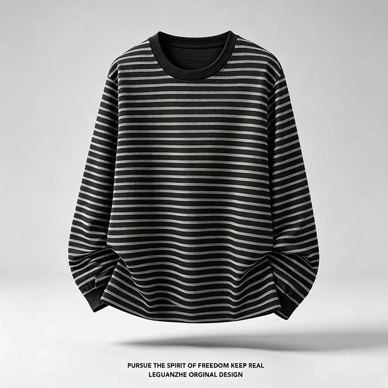 Mens Crew Neck Long Sleeve Knit Tee Horizontal Striped Waffle Pattern Loose Fit For Daily And Casual Occasions