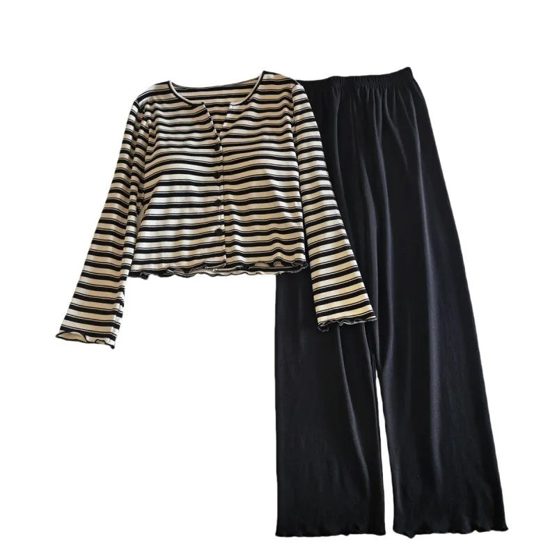Women's Pajamas Chest Pads Spring Autumn Pure Cotton Korean Striped Long-sleeved Trousers Sets Outside Sleepwear Home Suit