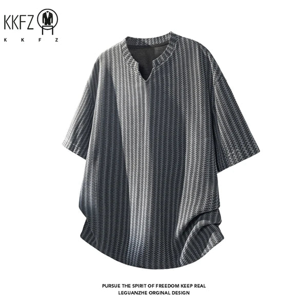 Mens Striped Textured Knit Short Sleeve Top Notched Collar Oversized Cutting Suitable For Vacation Dating And Casual Scenes