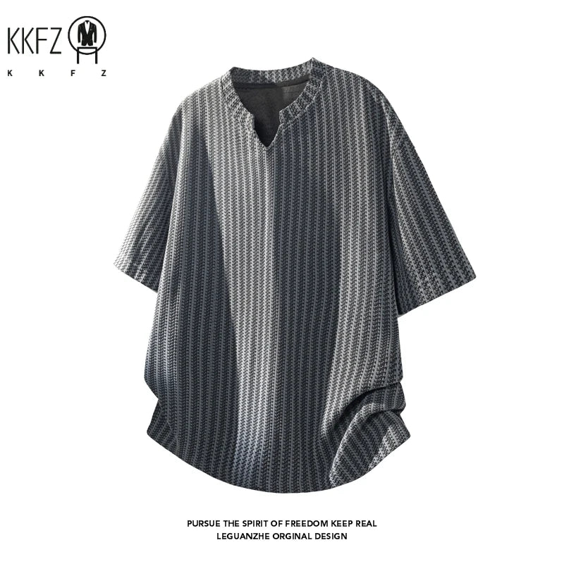 Mens Striped Textured Knit Short Sleeve Top Notched Collar Oversized Cutting Suitable For Vacation Dating And Casual Scenes