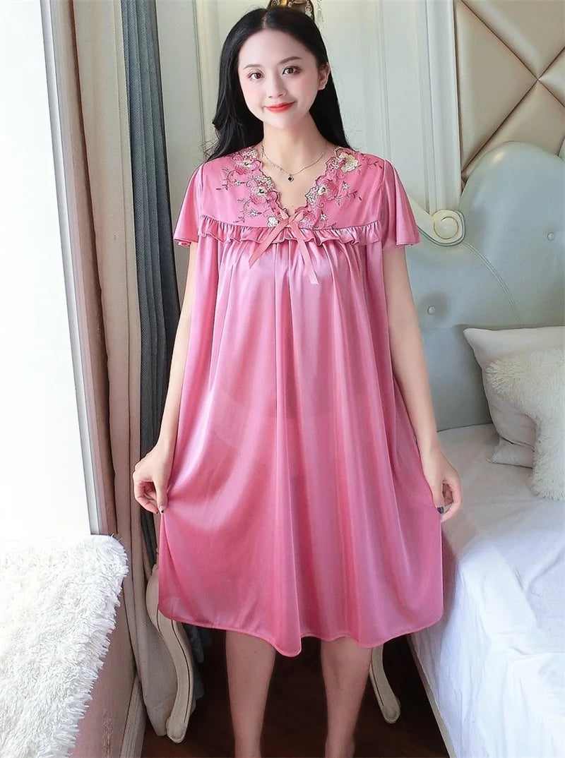 Nightwear Sexy Night Dress Nightie Sleeping Home Dress Pijama Plus Size Sleepwear Women's Silk Satin Sleepdress Nightgowns