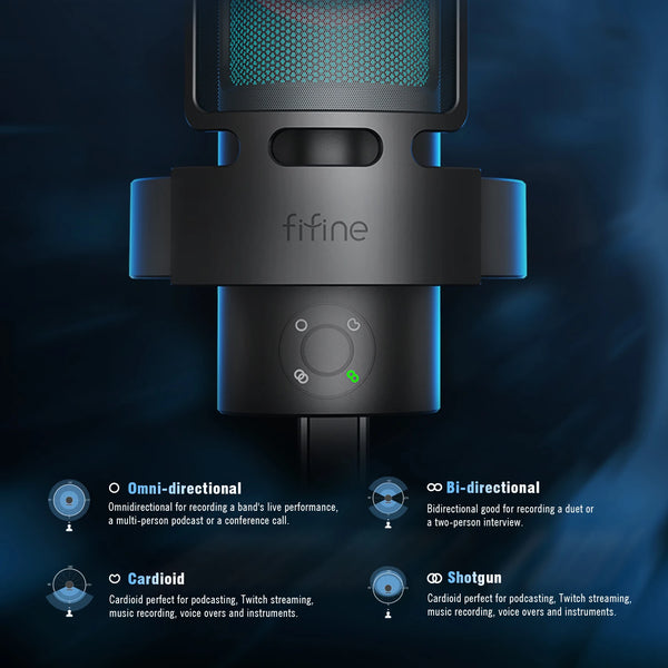 មីក្រូហ្វូន USB FIFINE Ampligame A8 PLUS ជាមួយ RGB ដែលអាចបញ្ជាបាន, កន្សោម 3 លំនាំប៉ូល 4, ប៊ូតុង Gain, រន្ធដោតមីក្រូហ្វូនផ្ទាល់ និងប៊ូតុងបិទសំឡេង