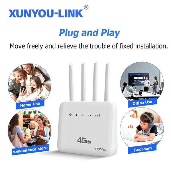 XUNYOU-LINK 4G LTE រ៉ោតទ័រវ៉ាយហ្វាយ WiFi 6 300Mbps ស៊ីមម៉ូឌឹមវ៉ាយហ្វាយឥតខ្សែគាំទ្ររ៉ោតទ័រវ៉ាយហ្វាយឧបករណ៍ 32 សម្រាប់អាស៊ីអាហ្វ្រិកអឺរ៉ុប