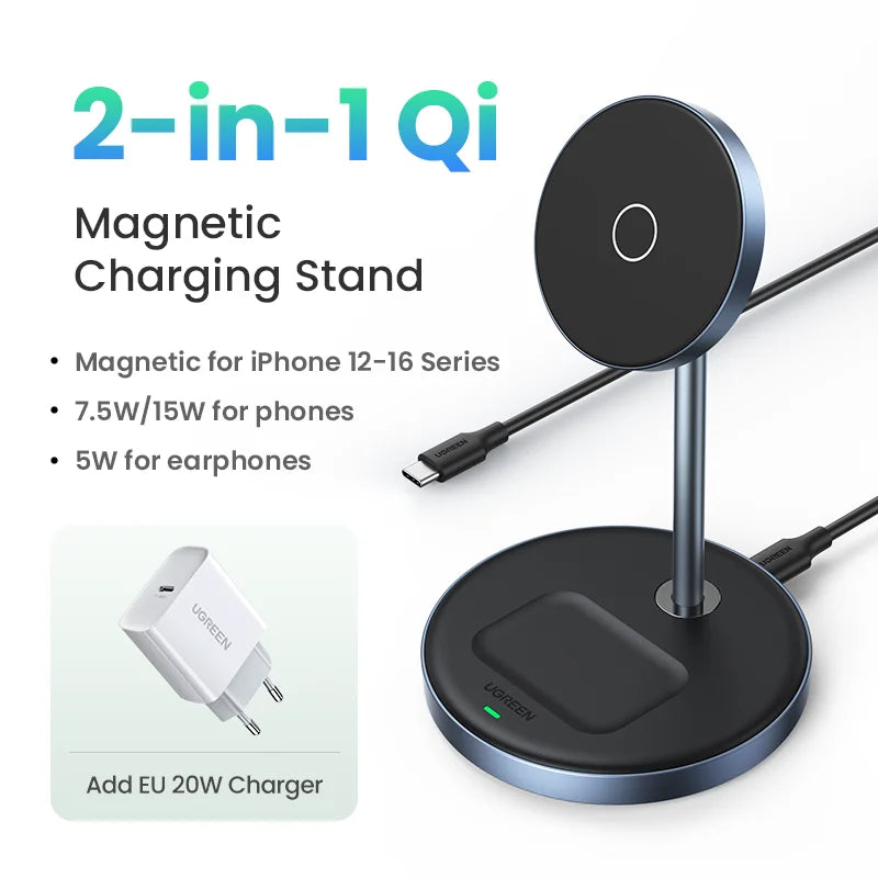 UGREEN Magnetic Wireless Charger Stand 15W Max 2-in-1 Charging Stand For iPhone 16 17 Pro Max/iPhone 14/AirPods Fast Charger