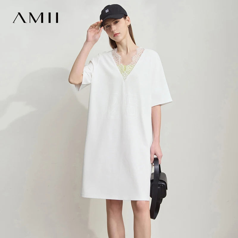 Amii Women Dress 2026 Minimalist Lace Patchwork V-Neck Loose Letter Number Print Medium Sleeves Straight Tube Dress 12542008