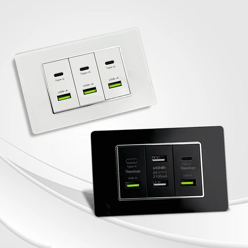 Type 118 White Black Grey Tempered Glass Wall Socket Panel 6 Charging port Triple USB Type C Wall Plug 3.1A 5V Outlet 118*75mm