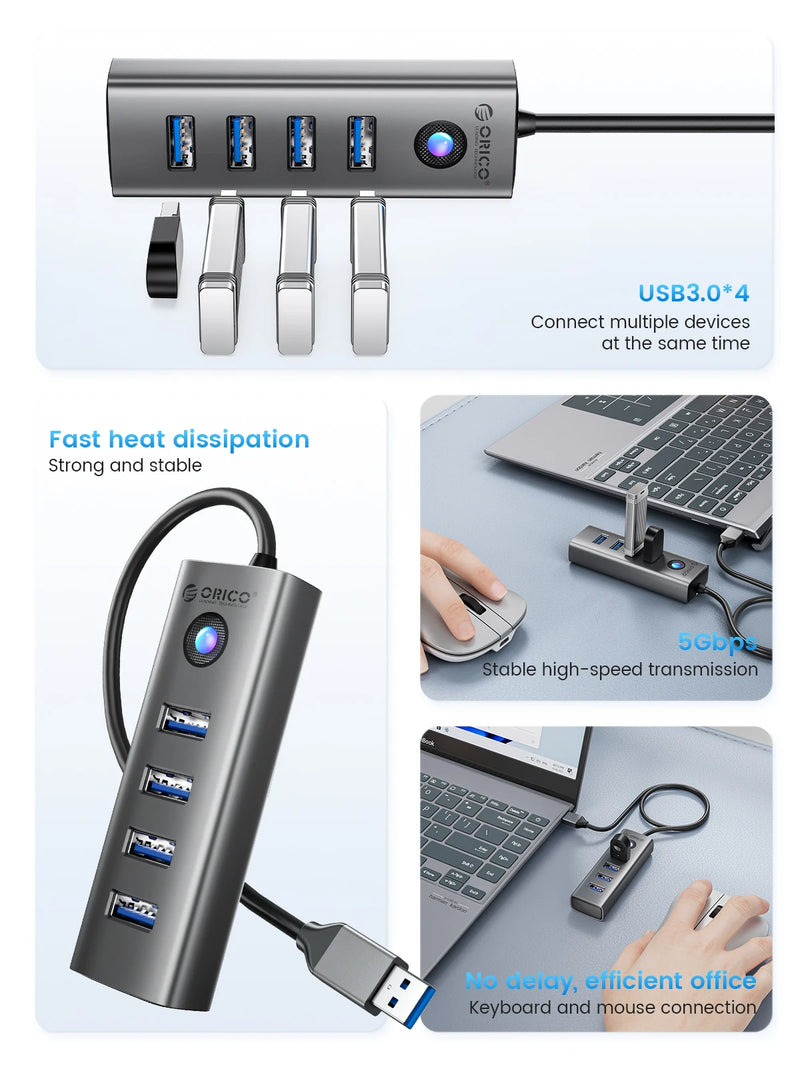 ORICO Member 4-Port USB 3.0 HUB Aluminum Alloy Plug And Play Mini Socket hub/USB Splitter 4 Ports 5Gbps High-Speed Transmission