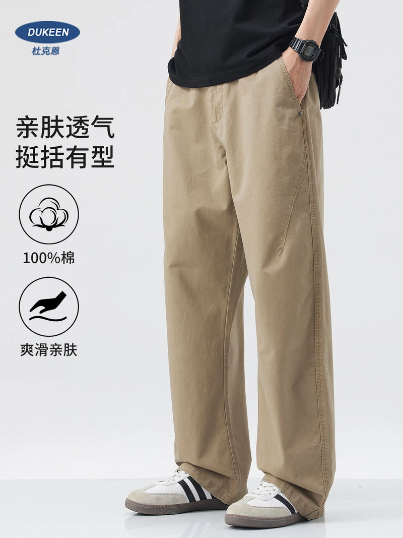 DUKEEN 100% Cotton Men's Casual Long Pants Summer Relaxed Straight Fit Wrinkle-Resistant Non-Iron Basic Khaki Chinos