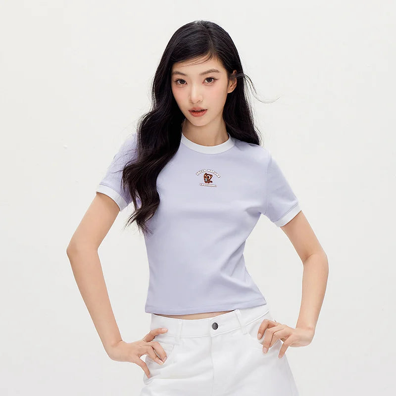 Semir Women Tshirt Cropped Contrast Color Slim Straight Shoulder Short Sleeve Summer 2026 Casual Style Soft Top