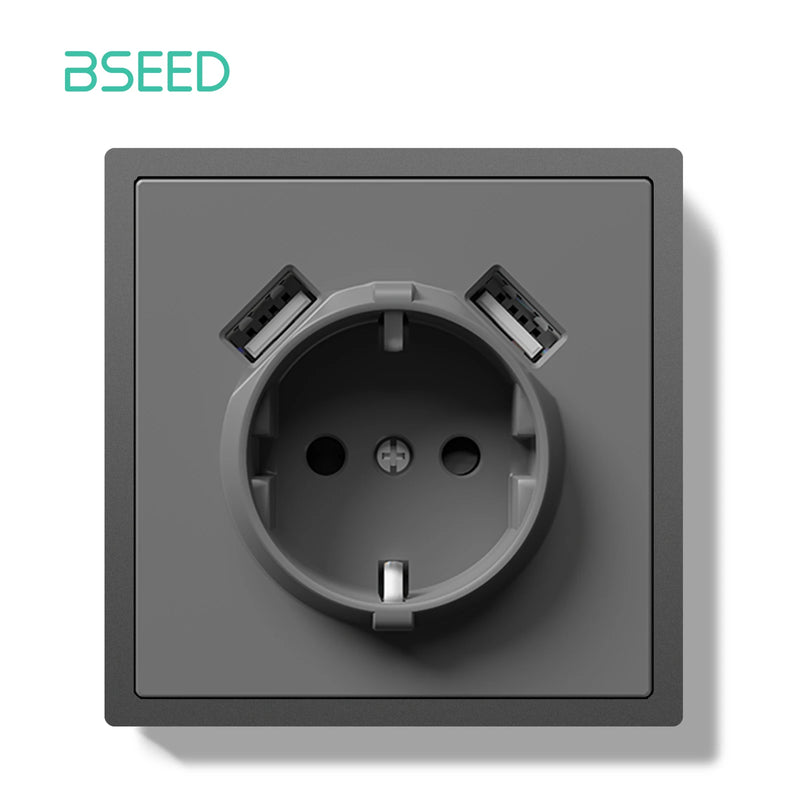 BSEED EU Standard Single Wall Socket Double USB Charge Port Wall Power Outlets Electric Plugs White Black Plastic Frame 16A