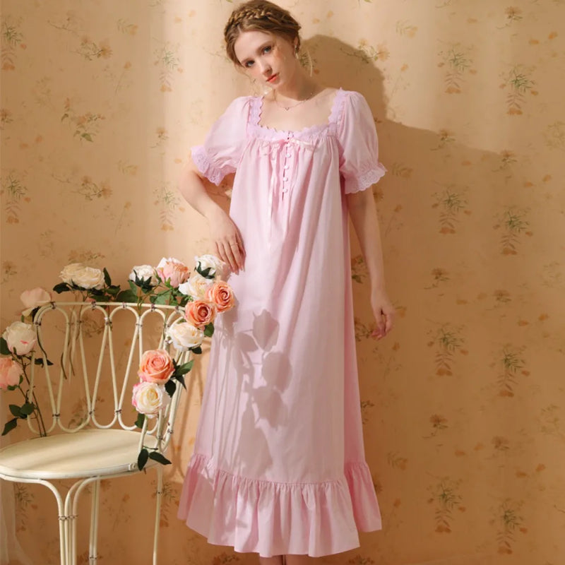 Princess Women Sleepwear One Piece Dress Summer Short Sleeve Pure Cotton Pajamas Dress Night Wear For Ladies Women's Nightgown
