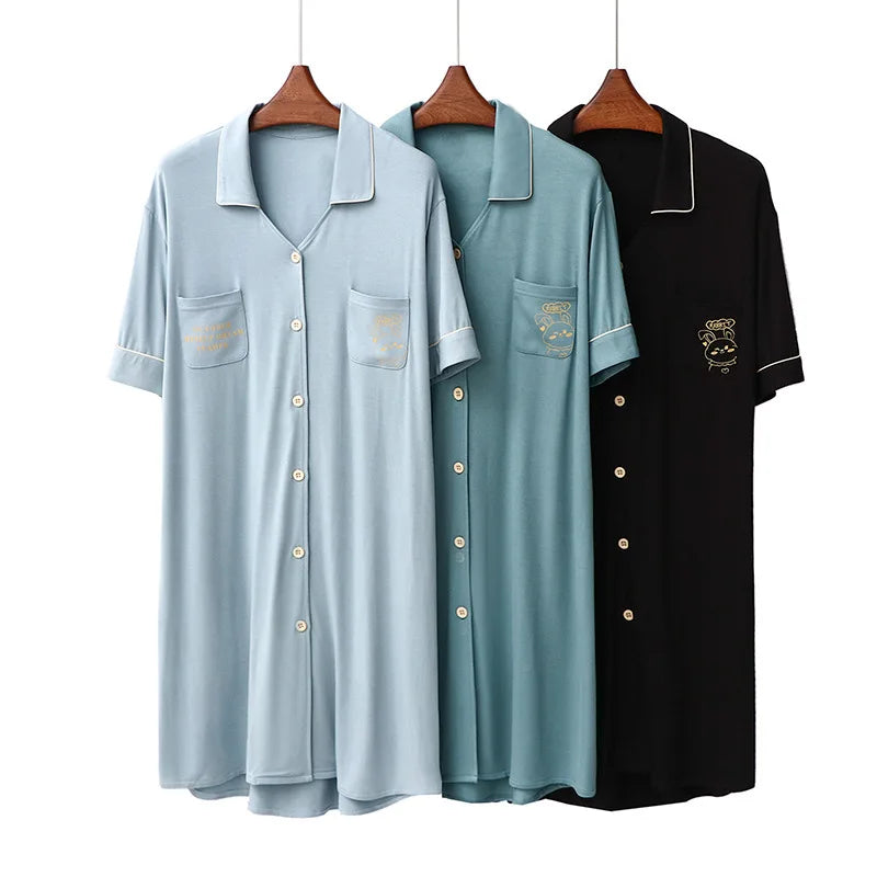 Night Wear For Ladies Cartoon Letter Print Short Sleeve Loose Casual Lapel Cardigan Home Dress Modal Summer Women's Nightgown