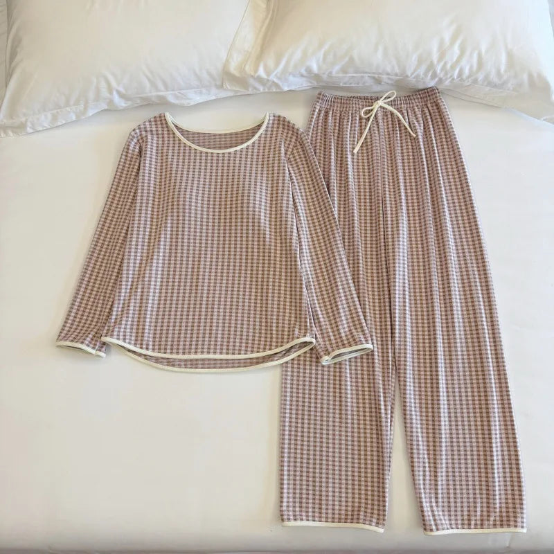 New Women's Pajamas Chest Pads Spring Autumn Sleepwear for Sleeping Pyjamas Long-Sleeve Top and Pants 2 Piece Loungewear Suit