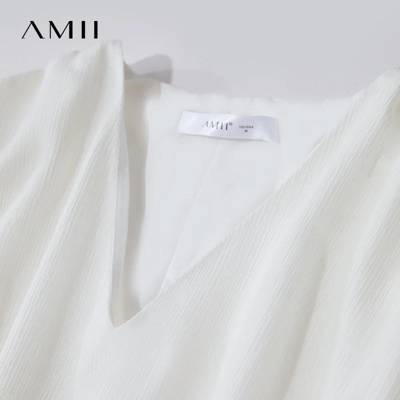 រ៉ូបនារី Amii រចនាបថសាមញ្ញសម្រាប់រដូវក្តៅថ្មី ស្ទីលរលុងវែង ដៃអាវគ្មានដៃ ក V រាងមូល មានខ្សែចង 12542117