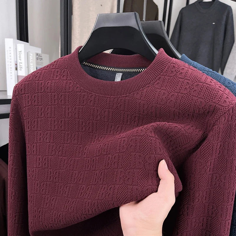 Mens Winter Long Sleeve Knit Top All Over Embossed Pattern Fleece Lined Round Collar Comfort Business Shirt