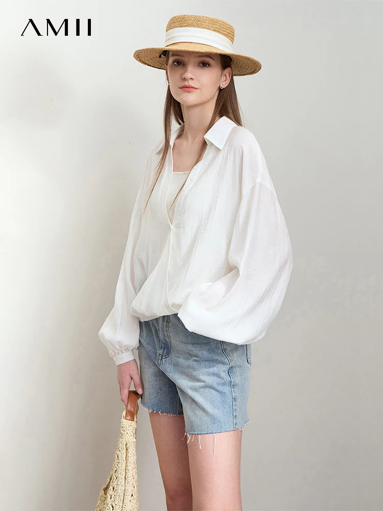 អាវ AMII Minimalist Chiffon សម្រាប់នារី រដូវស្លឹកឈើជ្រុះឆ្នាំ ២០២៦ ថ្មី ធម្មតា អក្សរសាស្ត្រ Lapel V-Neck ដៃអាវរាងចង្កៀង អាវរលុង 12541132
