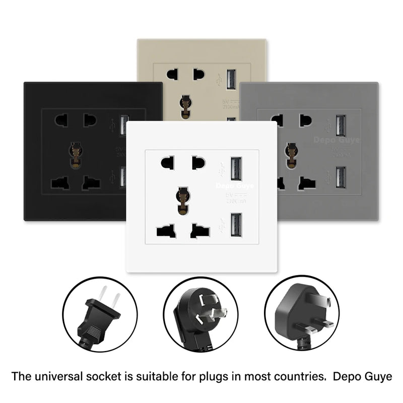 DepoGuye AC 110-250V UK Standard Socket Panel, 5V 2.1A Dual USB Mobile Phone Charger International Universal Power Outlet 86mm