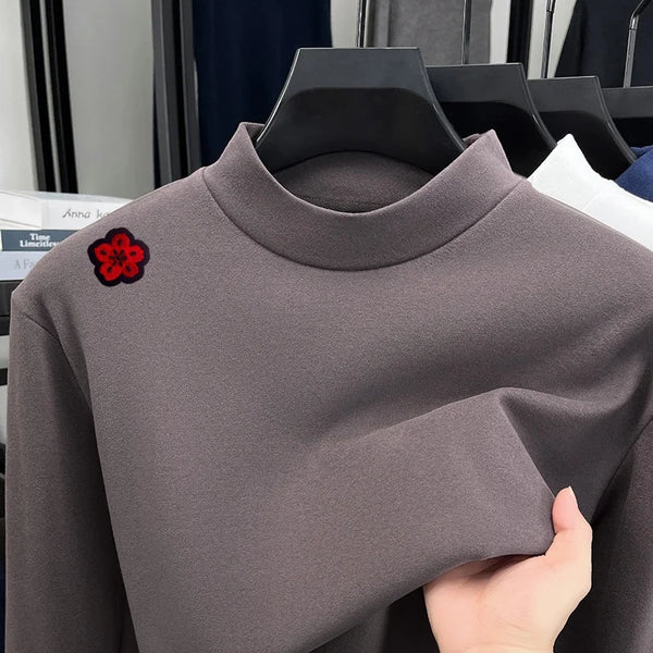 Original Design Man Long-Sleeved T-Shirt Mock Neck Flower Embroidery Dralon Fabric Autumn Winter New Tops Casual Men's Clothing
