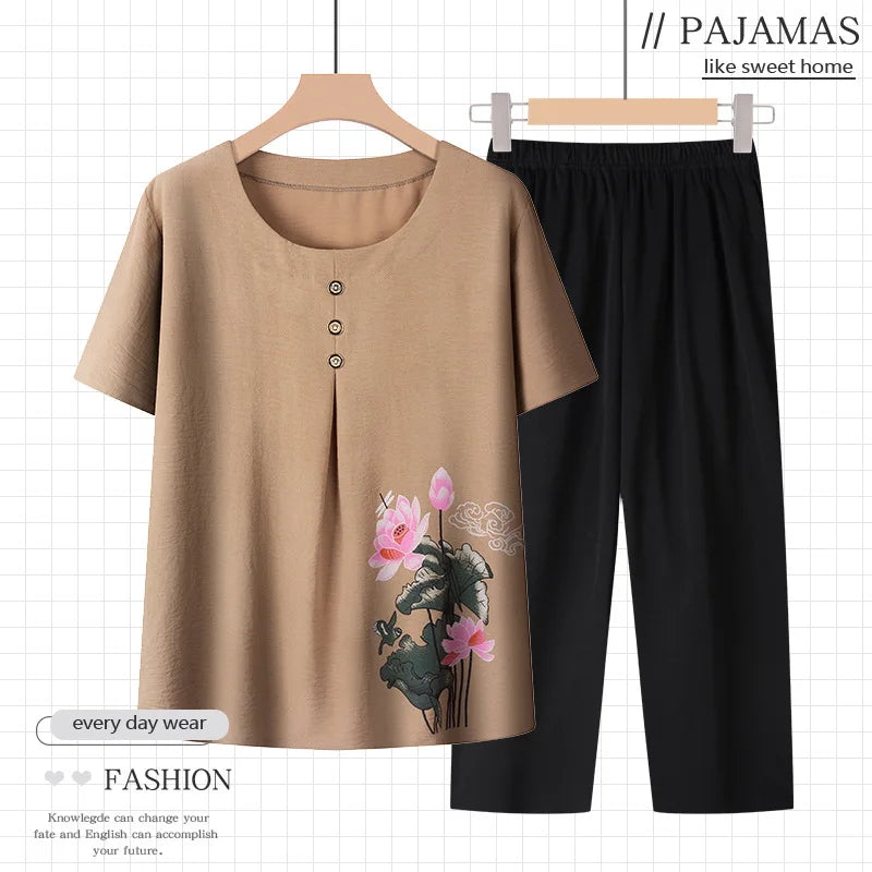 Cotton Printed Middle Aged Mother Sleepwear Short Sleeve Women's Pajamas Set Summer Home Wear Grandma Two Piece Outfit XL-4XL