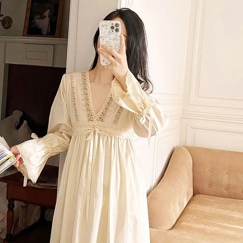 Solid Color Pullover V-neck Long Sleeve Fashion Casual Women's Nightgowns Sleepwear Women Night Gown Sleep Dress Loose