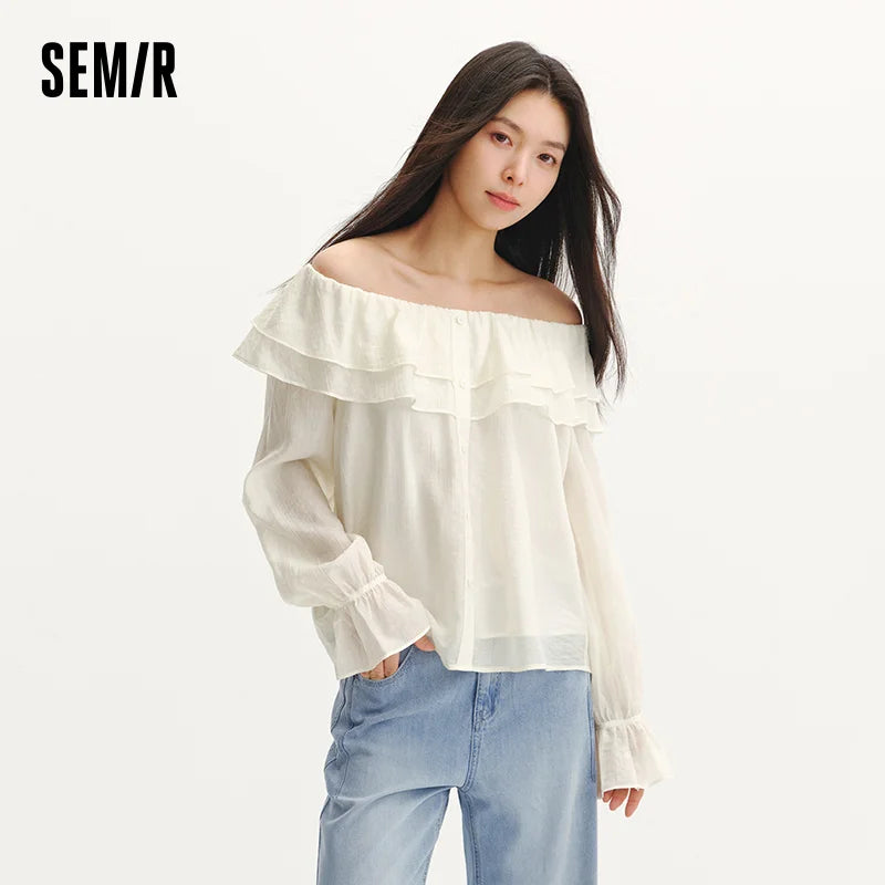 Semir Women Shirt Ruffle Lantern Sleeve Textured Petite Sweet French Style 2026 Summer Casual Fashion Versatile Top