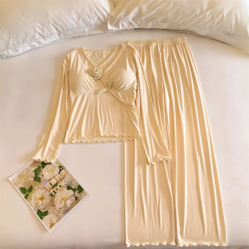 Pyjamas Women Winter Long Sleeve Chest Pad Top Two Piece Set Spring Autumn Cotton Sleepwear Woman Home Clothes Lounge Suit