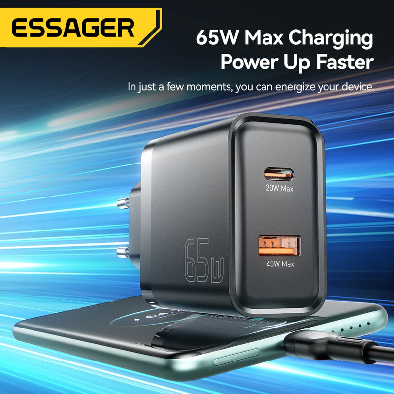ឆ្នាំងសាក Essager 65W GaN QC 4.0 PD 3.0 ប្រភេទ C USB ឆ្នាំងសាកសម្រាប់ iPhone 17 16 15 Pro Max Samsung Xiaomi MacBook Laptop ឆ្នាំងសាកលឿន