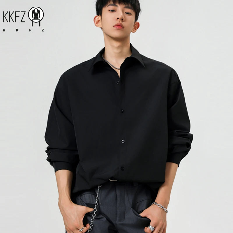 Male Fashion Oversized Shirt Long Sleeve Lapel Button Front Wrinkle Resistant Cloth Ideal For Multiple Daily Scenarios