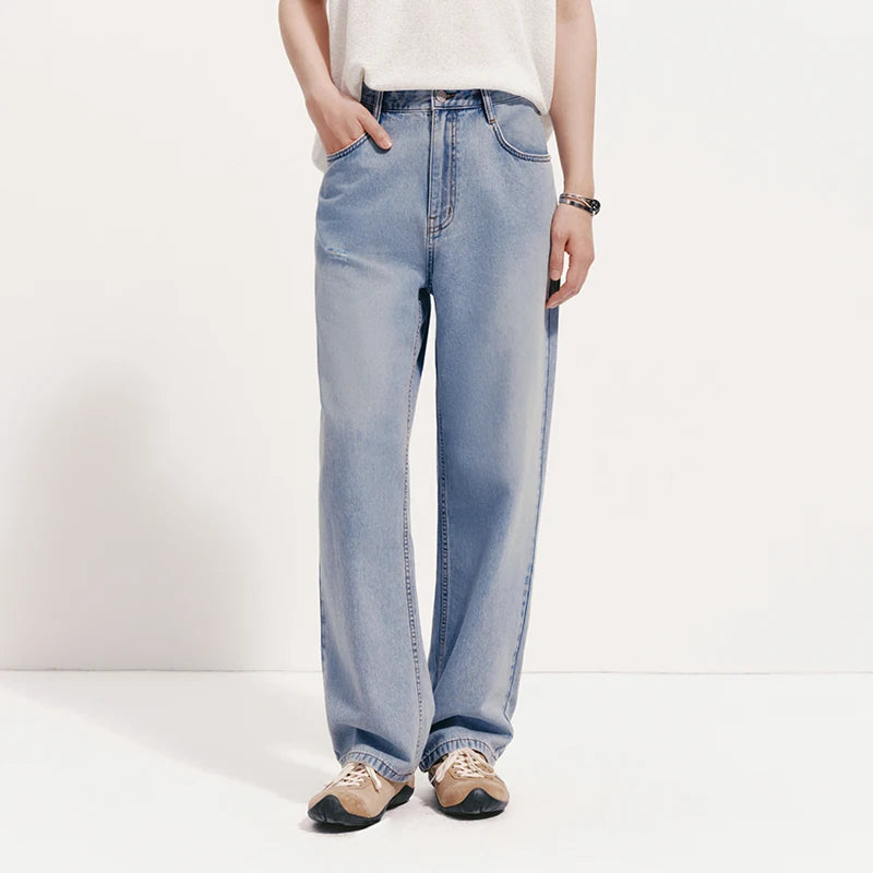 Semir Men Pants Denim Ripped Cool Feeling Loose Straight Leg Vintage Washed 2026 Summer Fashion Casual Style Top