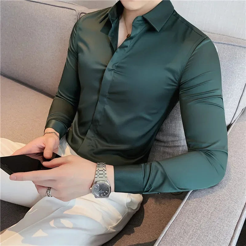 New Men's Shirt Luxury Repair Ball Gown Slim Solid Color Long Sleeve Shirt Streetwear