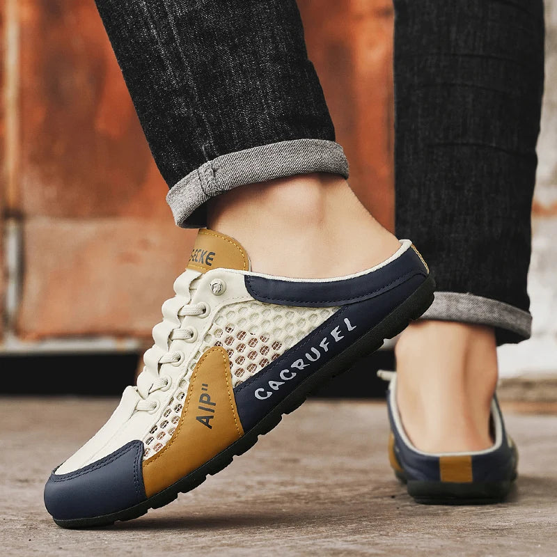 Men's Mules casual slippers summer breathable light soft-sole non-slip outdoor walking shoes fashion mesh comfort semi slippers