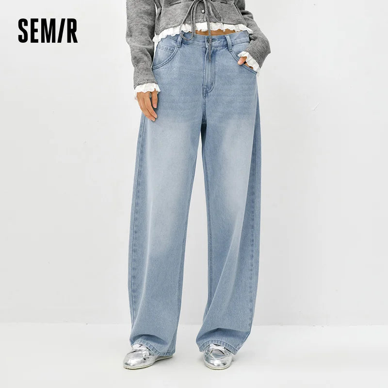 Semir Vintage Jeans Women 2026 Spring Distressed Loose Curved Blade Lyocell Blend Casual Retro Long Trousers