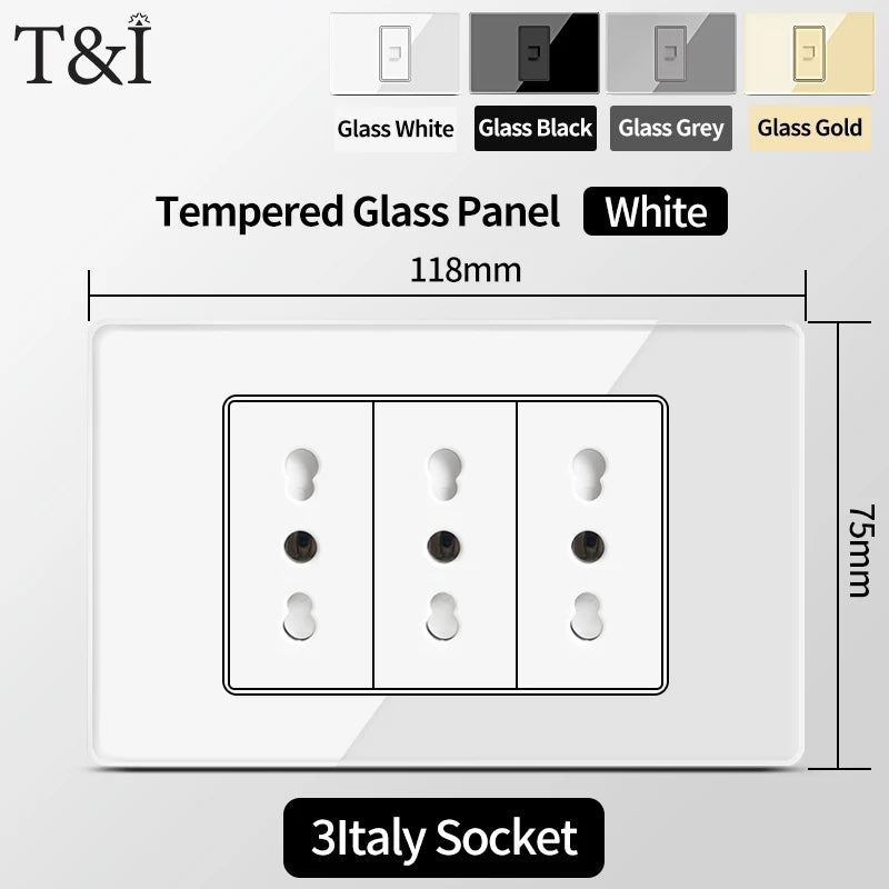 T&I Wall Switch Sockets With USB TypeC  Fast Charging, Italy Socket , Chile Schuko Outlet, Tempered Glass Panel for Home
