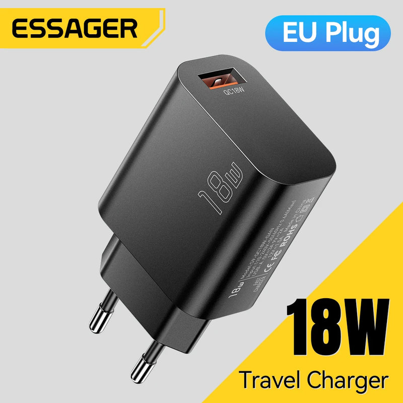 Essager 18W QC3.0 USB A Charger USB Quick Charge 3.0 Fast Wall Charger for Samsung S24 Huawei Xiaomi iPhone Mobile Phone Charger