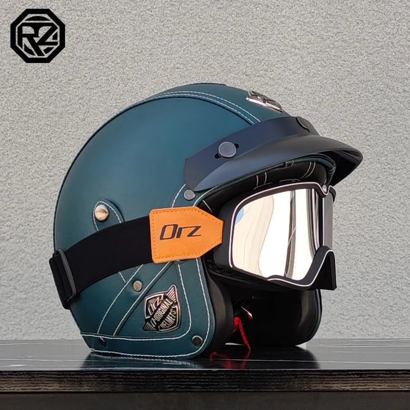 【ORZ】Retro Leather 3/4 Open Face Motorcycle Helmet, PU Leather Shell Cafe Racer Scooter Motorbike Half Helmet for Men Women