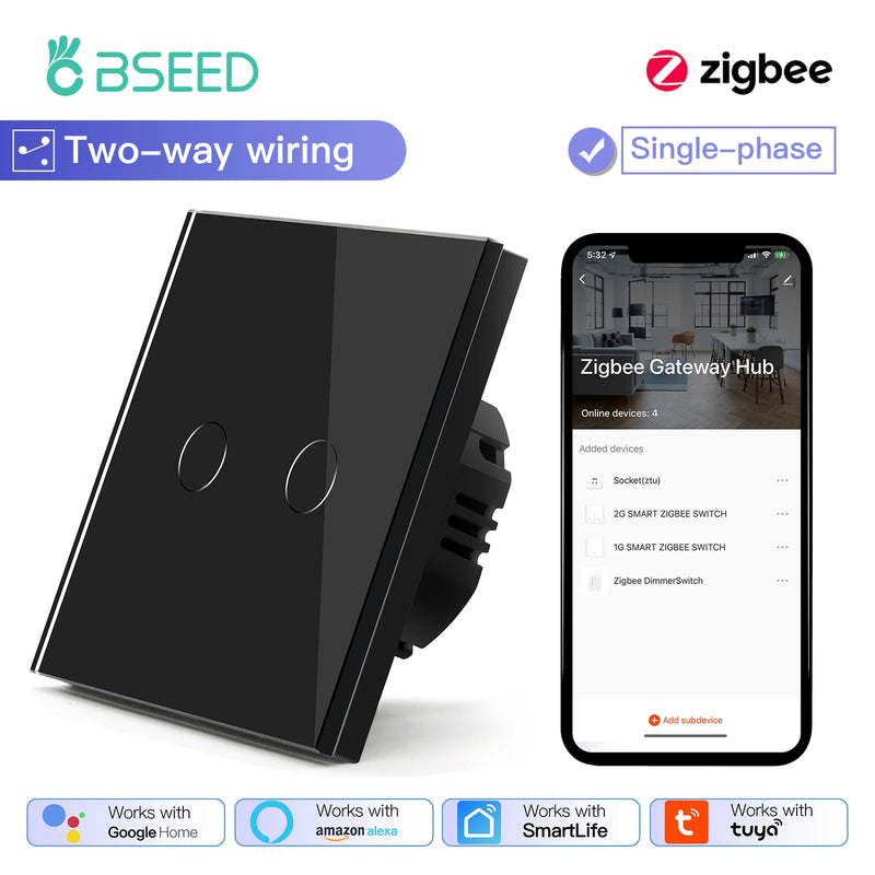 BSEED 1/2/3Gang Smart Zigbee Touch Light Switch 2-Way Control Compatible with Alexa/Google Home No Neutral Wire Touch Switch