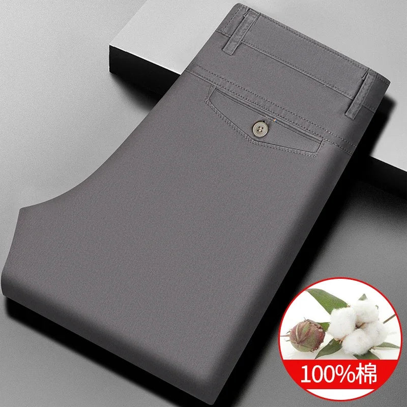 Men Cotton Straight Casual Chinos Soft Breathable Twill Fabric Zip Fly Side Slash Pockets Office Daily Commuting Long Bottoms