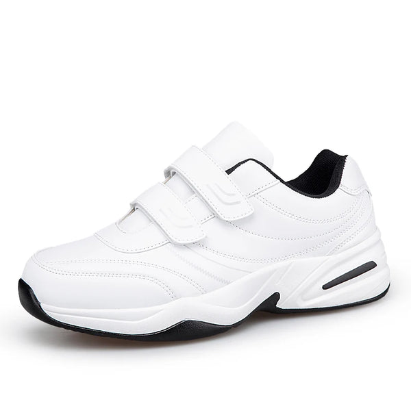 Men's Adjustable Hook And Loop Leather Sneakers Pure Black Casual Sports Shoes Big Size 47 48 Elderly Walking Shoes