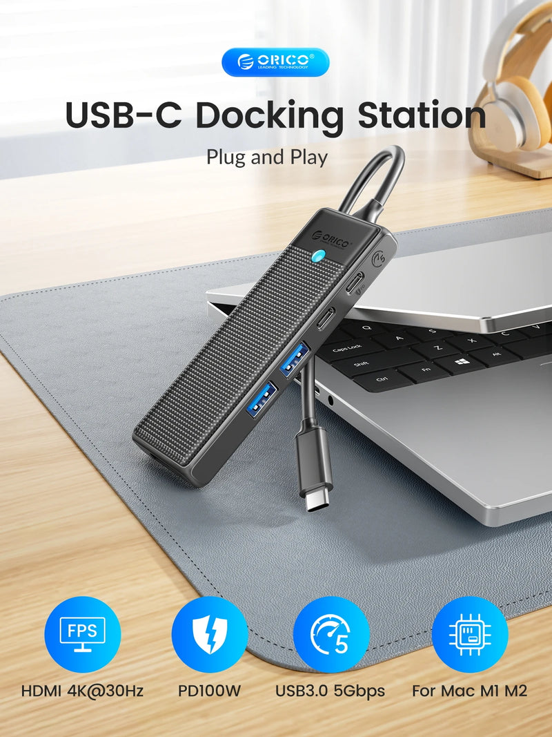 ORICO USB C HUB Type-C Docking Station to HDMI-com USB 3.0 Adapter 4K30Hz PD100W Card Read Splitter for MacBook iPad Pro Huawei