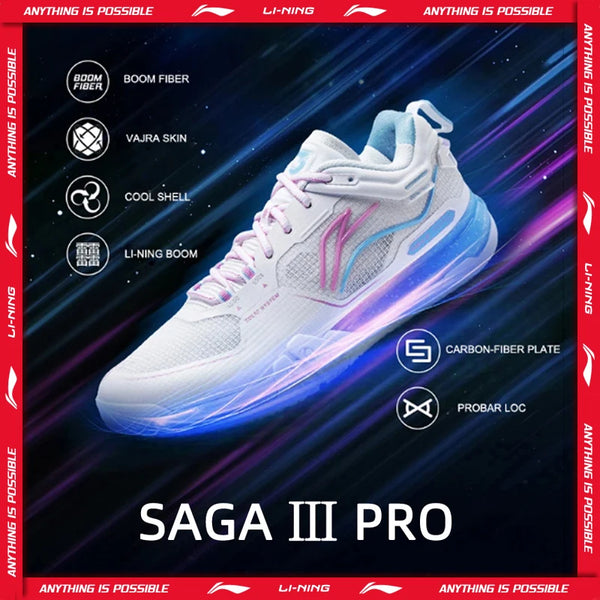 ស្បែកជើងវាយសី Li-Ning Unisex SAGA III PRO BOOM Cushion បន្ទះកាបូន-ជាតិសរសៃ LiNing សម្រាប់បុរស និងស្ត្រី ស្បែកជើងប៉ាតាប្រកួតប្រជែង AYAV001