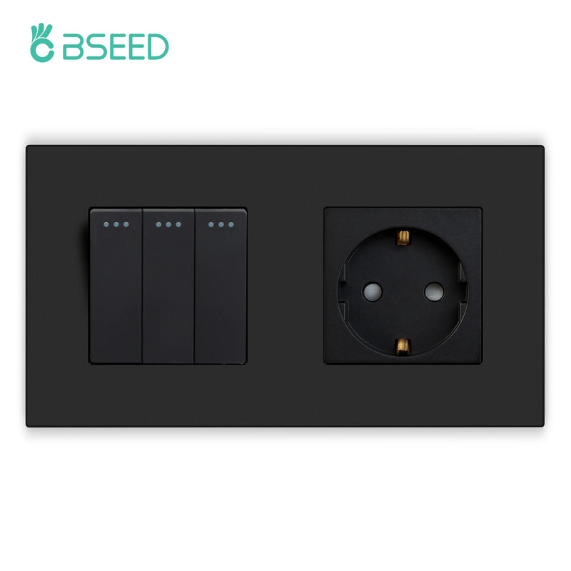 BSEED EU Button Switches With Power Socket 1/2/3Gang 1Way Electrical Outlets With USB Type-C Wall Socket 16A Plastic Panel