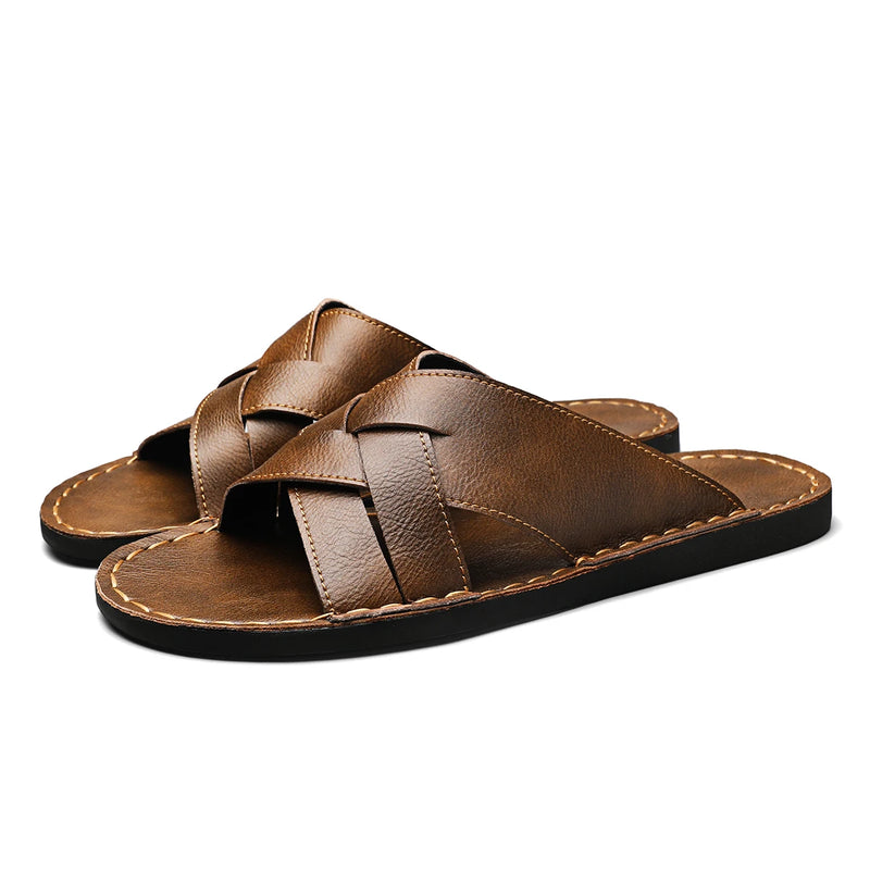 Summer Mens Flat Leather Slippers Slides Slip-on Sandals Thin Soles Retro Style Anti-skid Breathable Comfortable Big Size 48 49