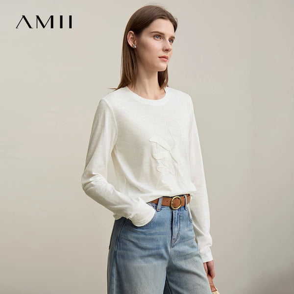អាវយឺត Amii ឆ្នាំ២០២៦ រដូវស្លឹកឈើជ្រុះថ្មី កអាវ O-Neck បោះពុម្ព mercerized ឬស្សី-joint អាវដៃវែងកប្បាសទាំងអស់ សម្រាប់ស្ត្រី 12621015