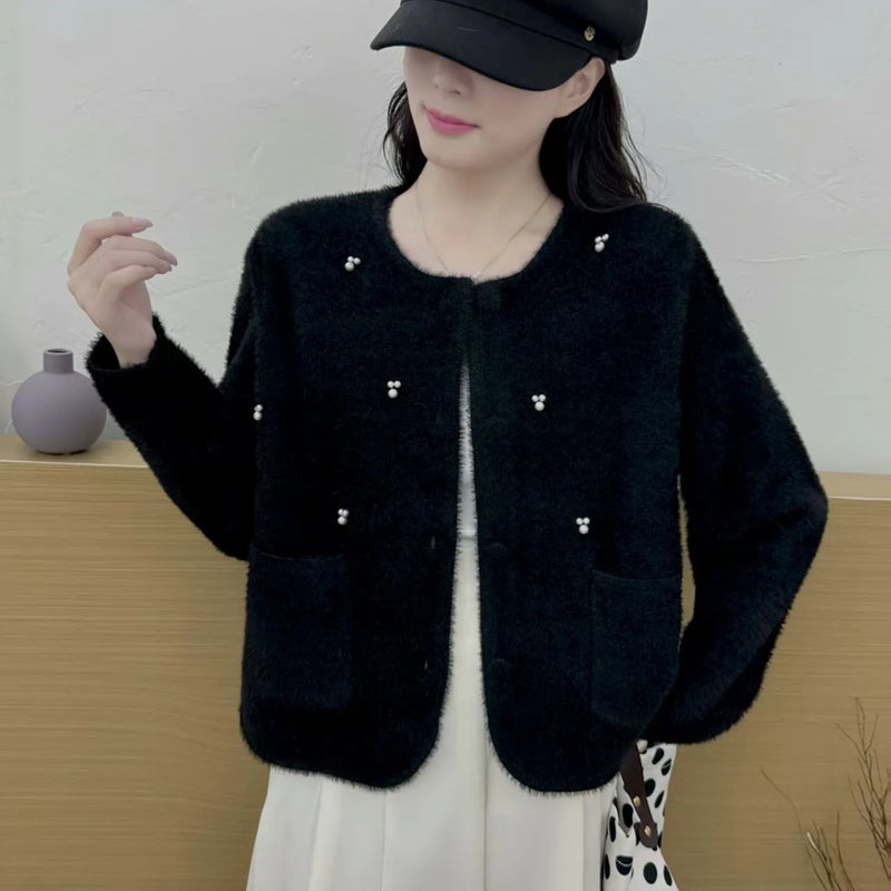 Korean Fashion Knitted Cardigan Jacket Women's Autumn Winter Top New Temperament Crew Neck Sweater Single Breasted Coat Female