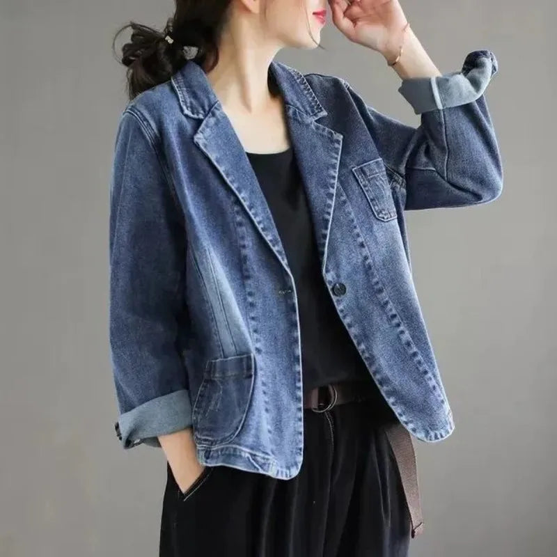 Vintage-style Women's Blue Denim Jacket; Stylish, Casual Single-button V-neck Blazer; Available in Asian Sizes M–3XL.